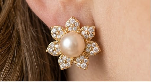 Blush Pearl & Zirconia Floral Gold Earrings