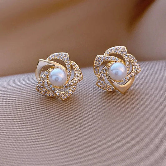 Blush Pearl & Zirconia Floral Gold Earrings