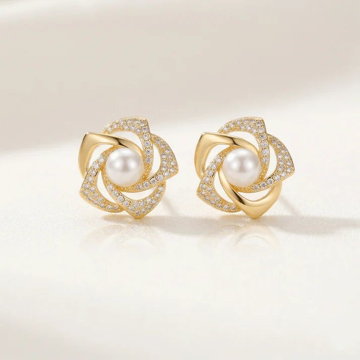 Blush Pearl & Zirconia Floral Gold Earrings
